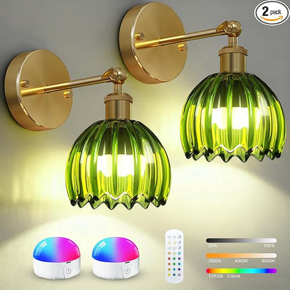 Vintage Battery Operated Wall Sconces Set of Two, with Green Tulip Glass Lampshade, Wireless Rechargeable Battery Powered Wall Light for Bedroom Living Room Bathroom Hallway Home Decor