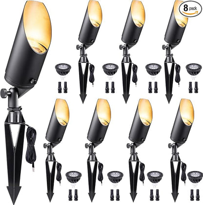 Gardenreet Brass Spot Light Low Voltage - Outdoor Landscape Spotlights, 12V Landscaping LED Uplights, Hard-Wired All Weather Black for Backyard Lawn with Warm White Changeable Bulbs (8 Pack)