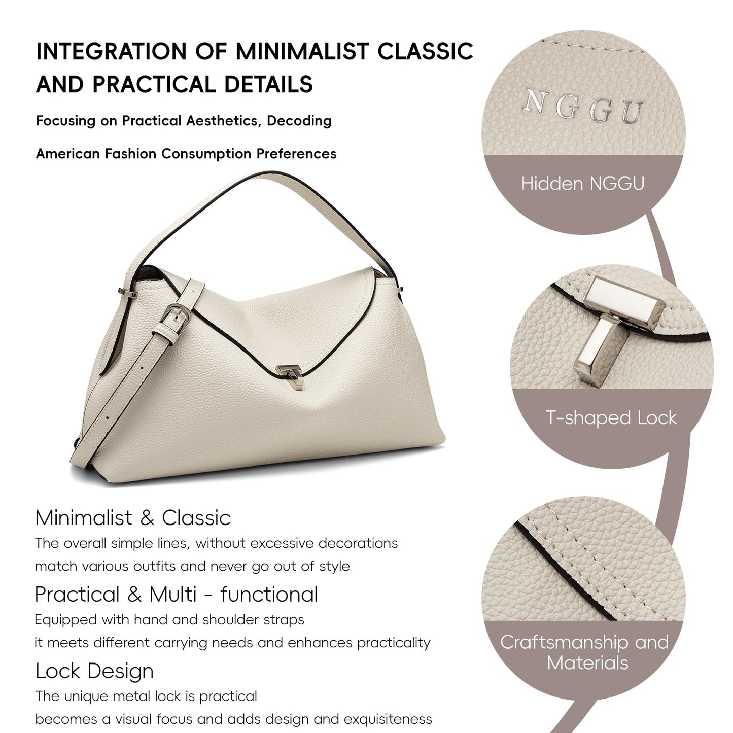 NGGU White Leather Crossbody Bag for Women, Multiple Compartments for Everyday & Travel