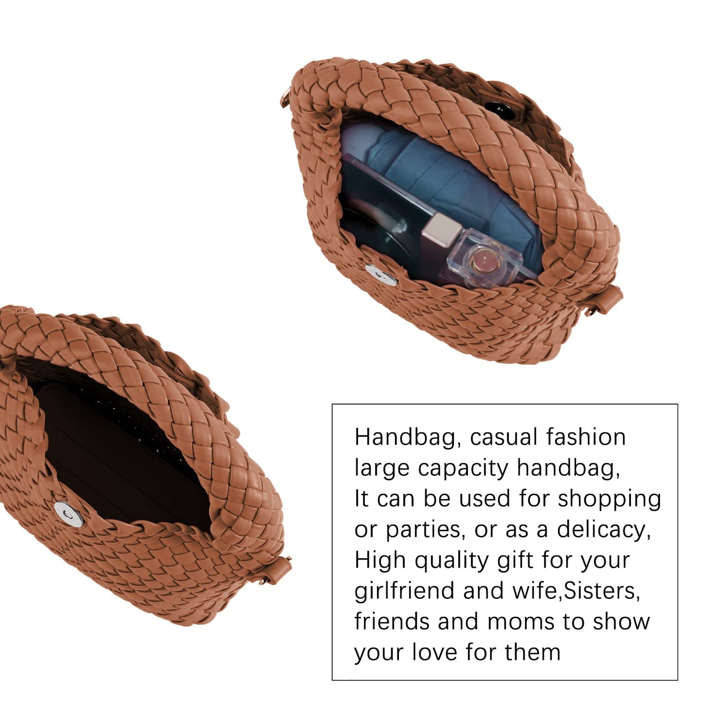 Woven Shoulder Bag for Women, Aesthetic Small Purse Trendy Top Handle Handbag PU Leather Crossbody Bag with Detachable Strap Cute for Mom Sister Girlfriend (BROWN)