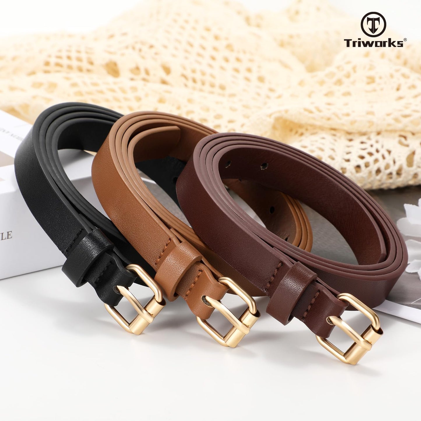 TRIWORKS 3 Pack Women Skinny Leather Belt for Jeans Pants Dress Ladies Thin Waist Belt with Gold Buckle