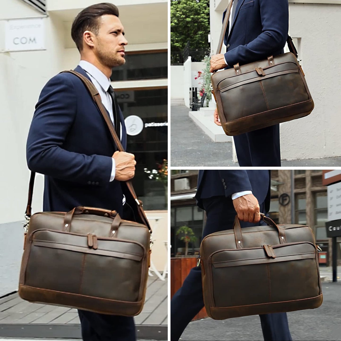 Masa Kawa Leather Briefcase for Men 17" Laptop Shoulder Messenger Bag Vintage Brown Business Travel Work Lawyer Attache Case,Large