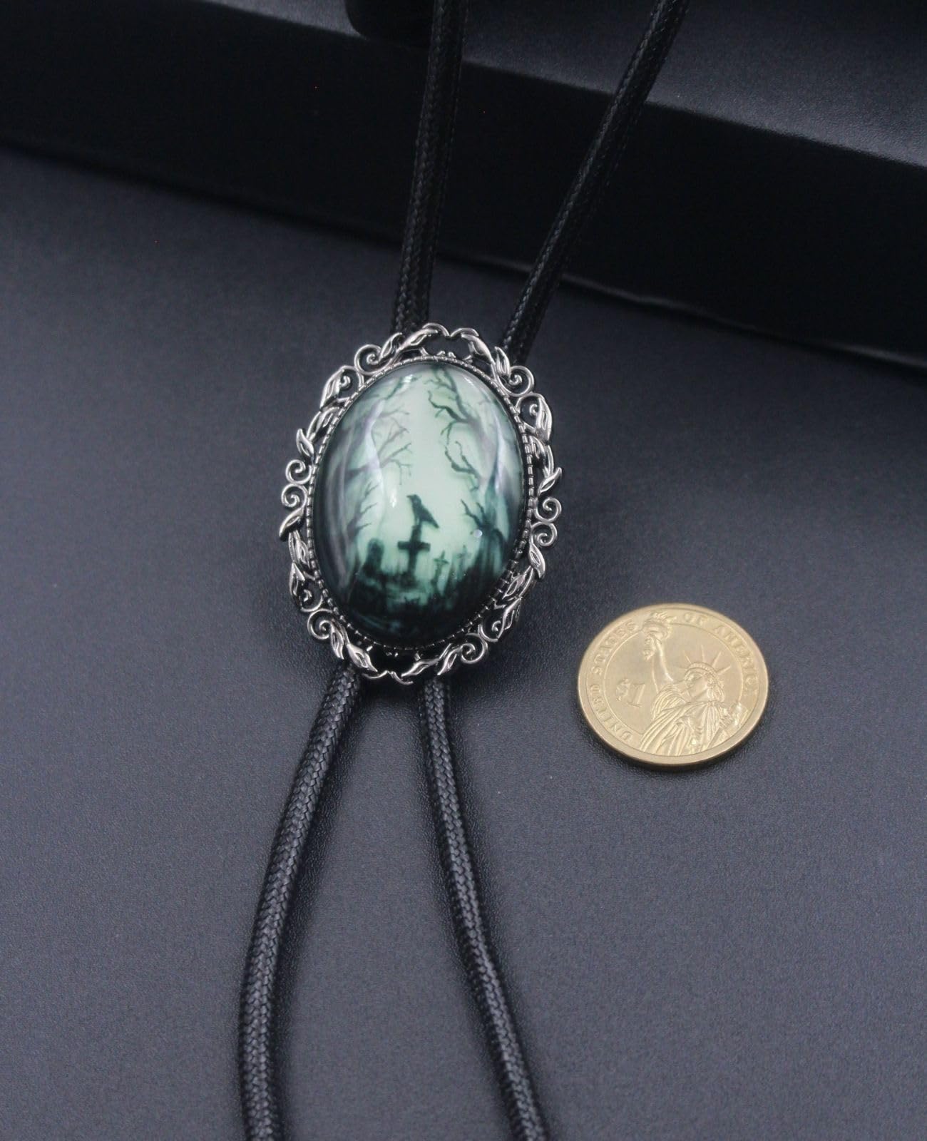 PEARLY JUN Gothic Bolo Tie for Men Women Cameo Western Cowboy Black Cat Bat Witch Vintage Halloween Jewelry Accessories Gifts (Black Cross Crow)