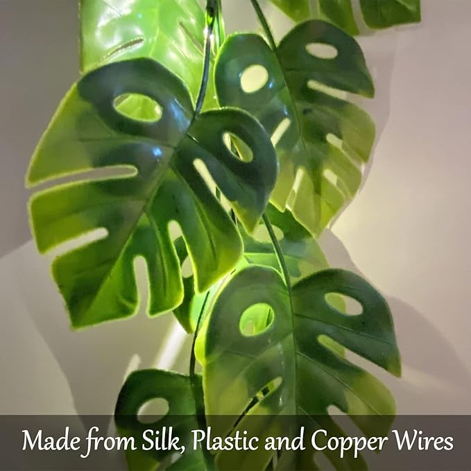 Fielegen 20 LED Monstera Leaf String Lights, Artificial Tropical Palm Leaves Greenery Vines with Lights,Summer Decoration for Hawaiian Jungle Safari Luau Party BBQ Beach Birthday Theme Decor