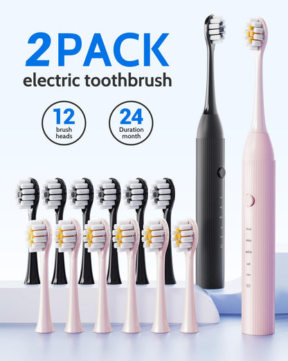 2 Pack Electric Toothbrush for Adults and Kids - Rechargeable Kids Ages 12+ and Adults with 12 Brush Heads & 2 Electric Toothbrush, 90 Days Battery Life - Black and White