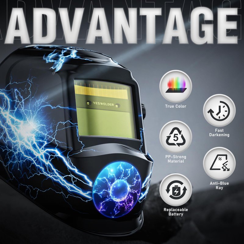 YESWELDER Auto Darkening Welding Helmet, Blue Light Blocking, 1/1/1/1 True Color Solar Powered Welding Hood with 2 Arc Sensors, Wide Shade 3.5/9-13 Welder Mask for TIG MIG ARC and Grind