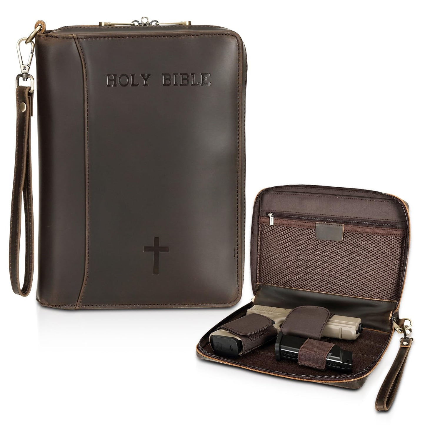 Polare Full Grain Leather Holy Bible Soft Carry Handgun Pouch CCW Bag Padded Pistol Wallet Tactical Case with Lockable Zipper and Wristlet Strap
