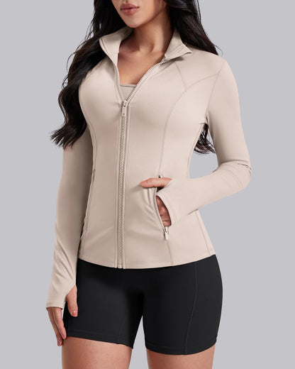 AVGO Womens Workout Jackets Lightweight Athletic Zip Up Jacket Slim Fit Running Gym Top with Pockets & Thumb Holes(Almond, M)