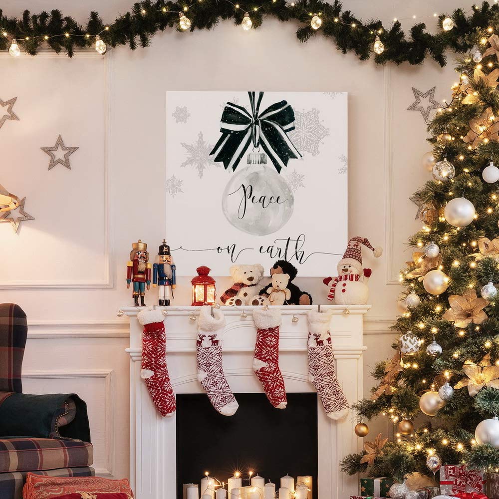 Renditions Gallery Peace on Earth Ornament Wall Art, Cute Christmas & Winter Artwork, Black & White Snowflake, Premium Gallery Wrapped Canvas Decor, Ready to Hang, 24 in H x 24 in W, Made in America