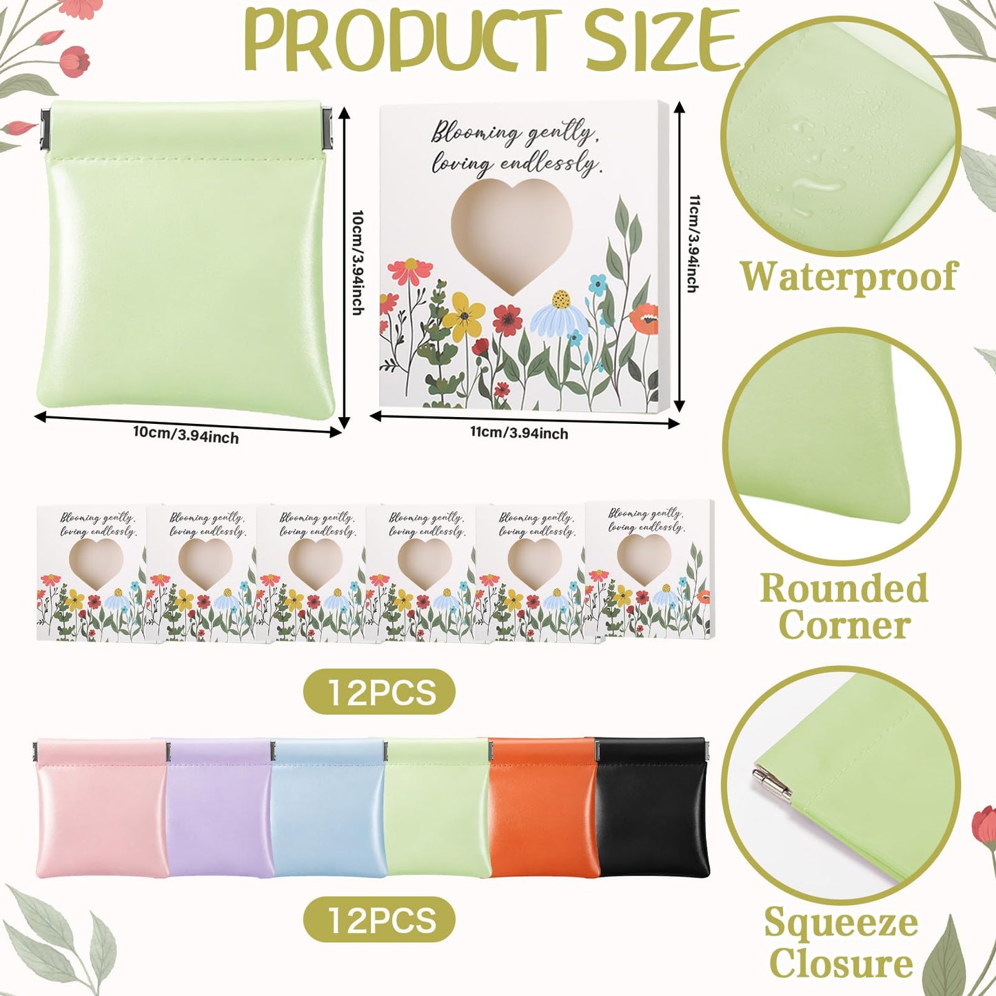 12 Sets Small PU Leather Organizer Pouch for Purse Snap Closure Pouch Small Women's Leather Pouches Gifts for Mini Purse Floral Design Gift Box for Mini Cosmetics Electronics Coins Pouches Jewelry
