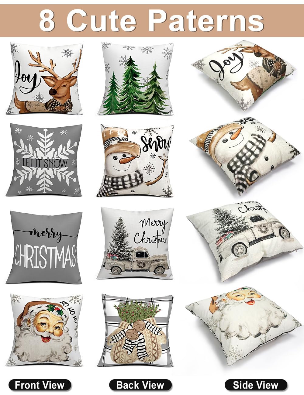 multiwins Christmas Decorations Set of 4 Double-Sided Print Christmas Pillow Covers 20" x 20", with 8 Cute Patterns, Throw Pillow Covers Perfect for Home Christmas Decor
