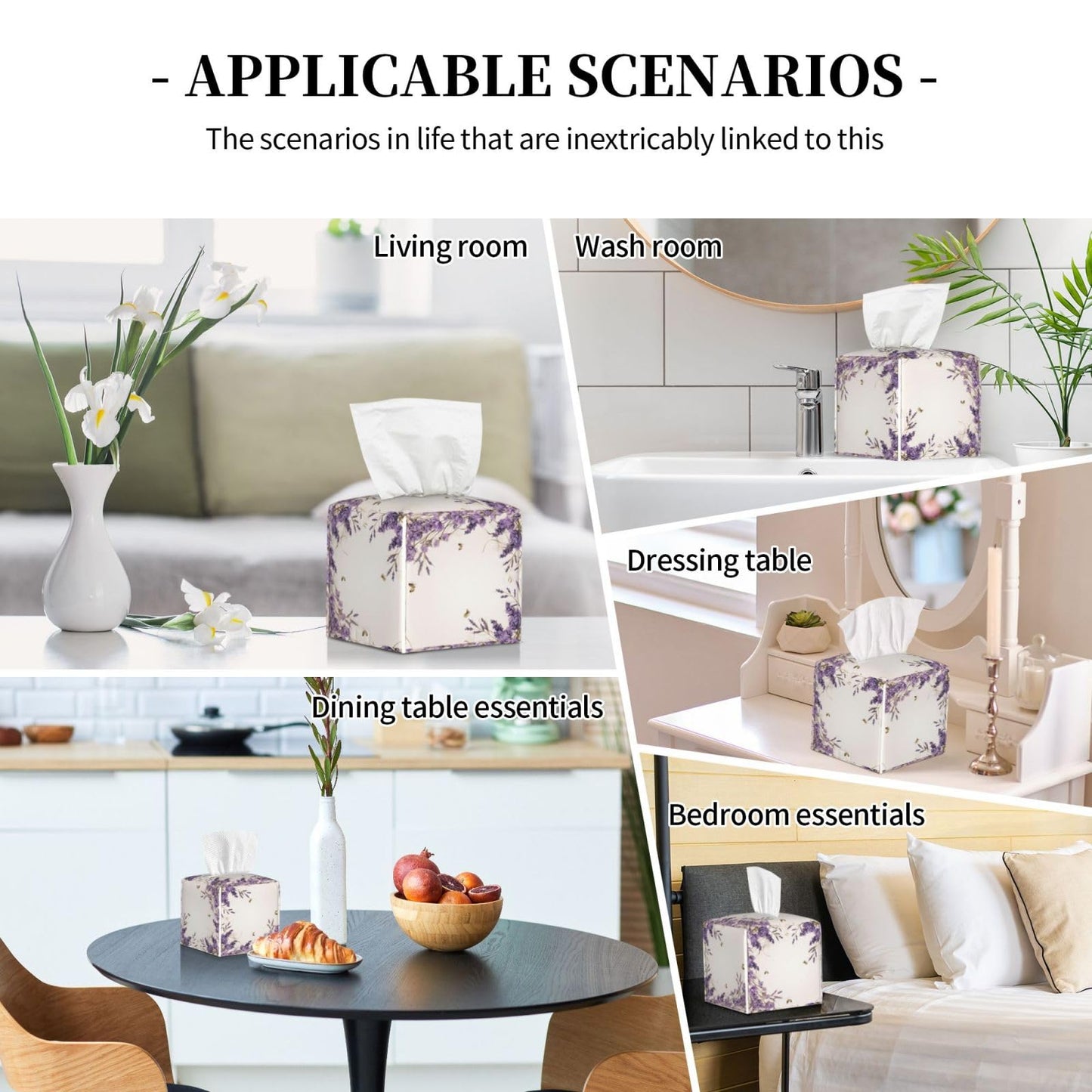 YPPAHHHH Square Tissue Box Cover Vintage Purple Lavender Cube Tissue Box Cover Pu Leather Tissue Box Holder for Office Kitchen Car Bathroom Facial Paper Organizer Dispenser Cover