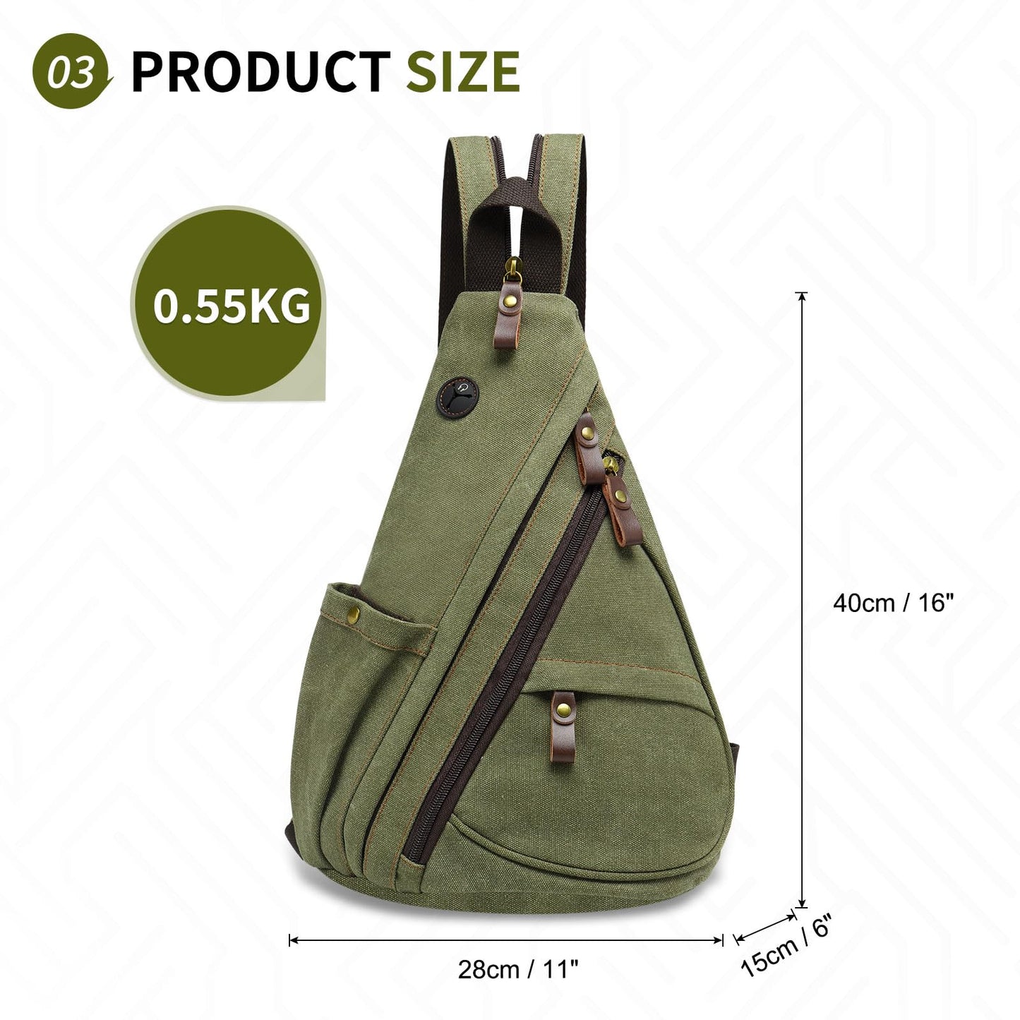 SUIKIHUM Vintage Canvas Sling Bag with Genuine Leather Zipper, 3 in 1 Crossbody, Backpack, and Chest Bag, for Travel, Hiking, 16x10x6 Inches, Green