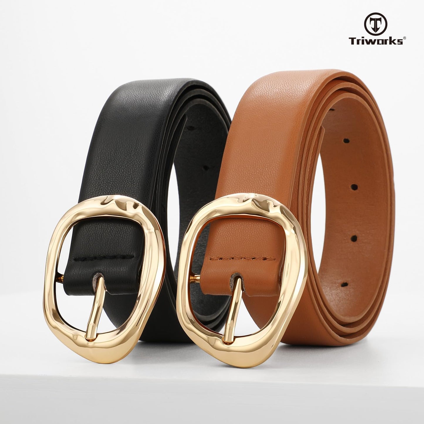 TRIWORKS 2 Pack Leather Belts for Women Fashion Waist Belt with Liquid Shapes Women Belt for Jeans Pants Dresses