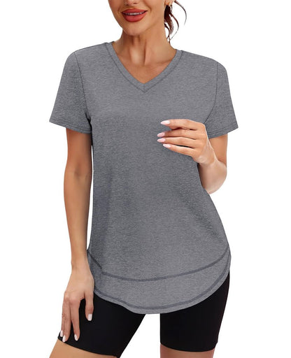 Workout Tops for Women Spring Summer Short Sleeve Golf Outfits Gym Essentials Activewear Running Shirts V Neck Grey S