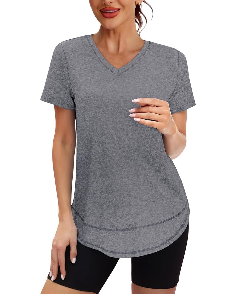 Oversized Tshirts for Women Dry Fit Plus Size Spring Clothes Summer Athletic Tops Workout Shirts V Neck Grey 3XL