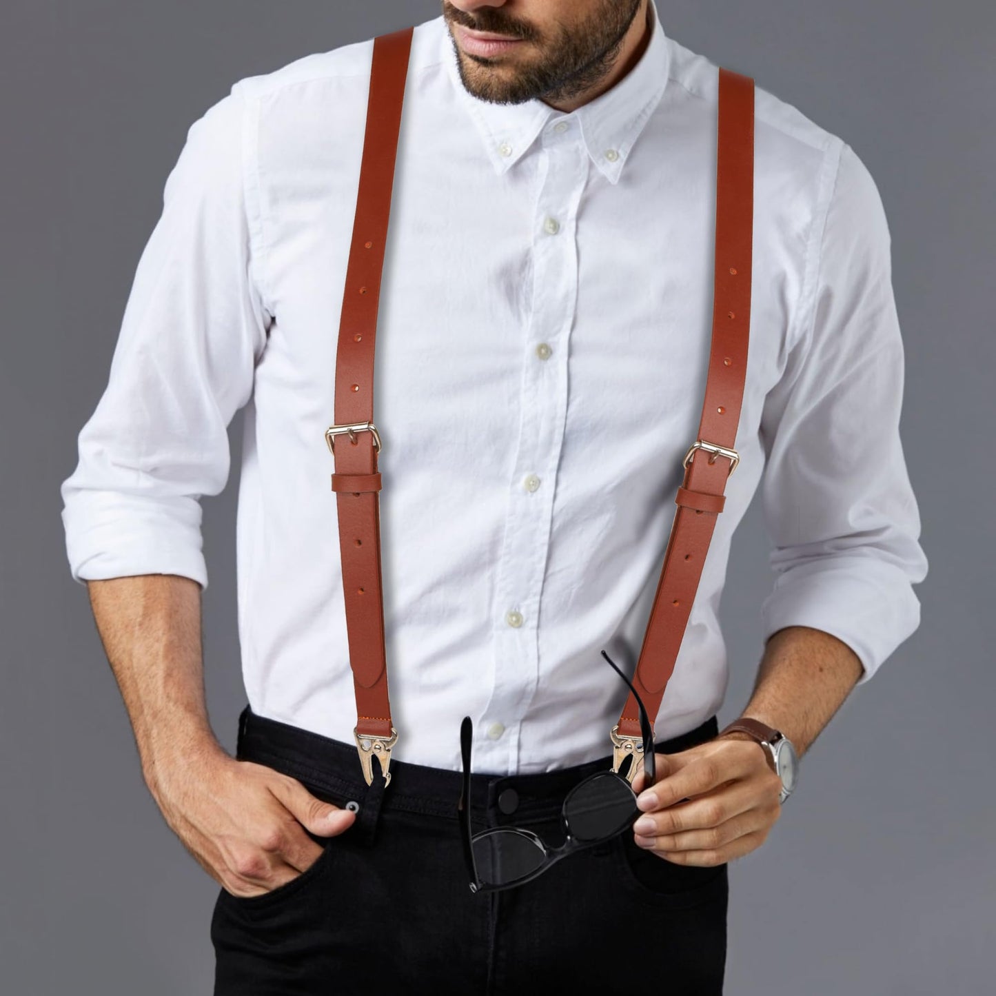 NUTUCH Full Grain Leather Suspender for Men | Y Design Suspenders | | Leather Braces Western | Heavy Duty adjustable Dress Suspender | Snap Hooks | Men Suspenders for Jeans Dress Pants(Brown)