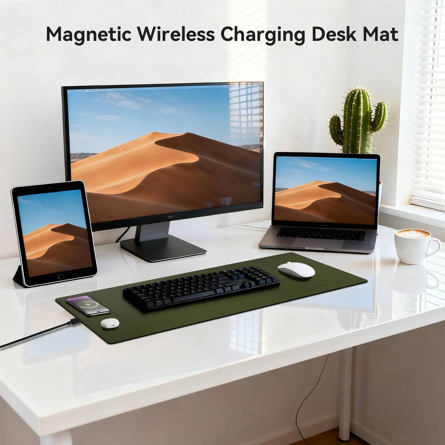 Hi-HONX Wireless Charging Mouse Pad, 15W Fast Charge Magnetic Charger Desk Pad, Large Office Desk Mat (31"x11.7") with Ultra-Smooth Surface, Green Computer Mousepad for MacBook, PC, Laptop