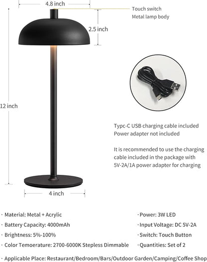 Cordless LED 12" Small Table Lamps Set of 2, Modern Portable Desk Lamp, 3 Color Dimming Rechargeable Battery Lights for Bedroom, Outdoor, Restaurant, Bedside, Baby Night Light, Gifts (Black)