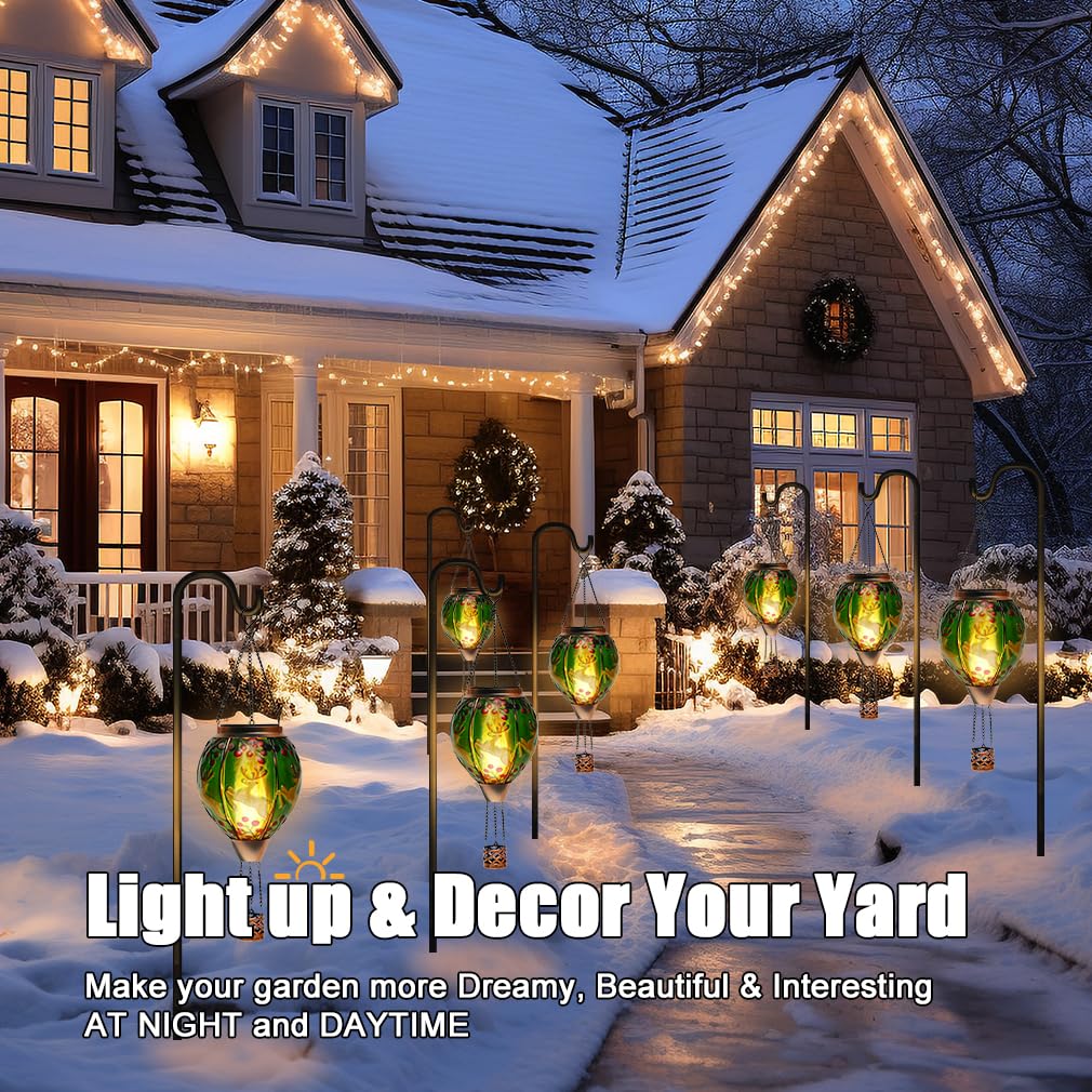 Solar Powered Hot Air Balloon Lantern - Reindeer Glass Lantern, Simulated Flickering & Dancing Flame, Outdoor Hanging Yard Light Waterproof IP65 for Patio Lawn Porch Christmas Decor Gift