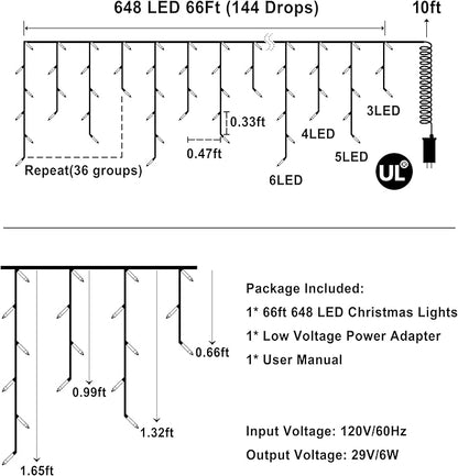 648 LED 66FT Christmas Lights 144 Drops, Outdoor Hanging lights with 8 Modes & Timer, Plug in Curtain String Lights Outdoor Waterproof for Holiday Wedding Party Home Garden Tree Outside Decor (Blue)
