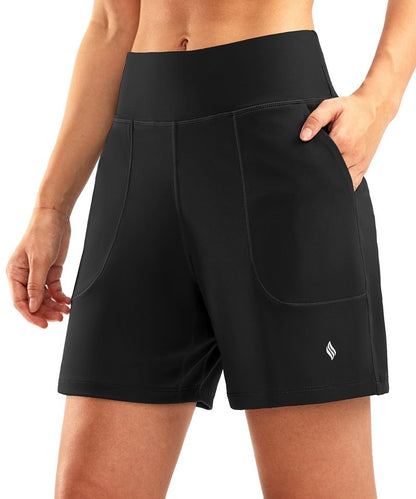 SANTINY Women's 6'' Athletic Long Shorts with 4 Pockets High Waisted Bermuda Shorts for Women Walking Running Casual (Black_L)