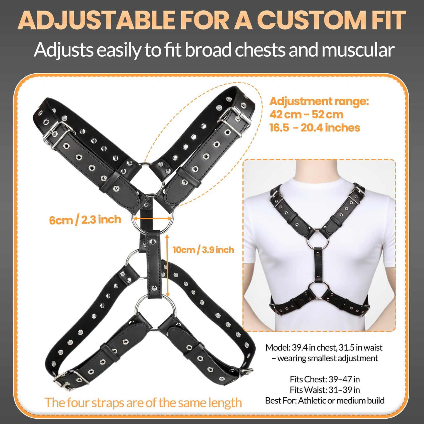 Men's PU Leather Chest Harness Belt, Adjustable Body Harness Belt for Men, Male Punk Chest Shoulder Harness for Party and Cosplay X024