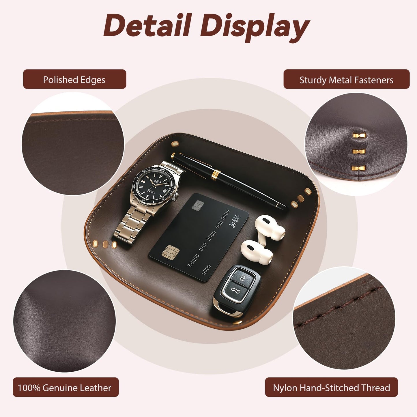 Genuine Leather Valet Tray-Handmade Brown Leather Catchall Organizer for Desk, Nightstand Bedside Desk & Entryway Table Storage Tray for Keys, Phone, Wallet, Coins, Jewelry for Women & Men