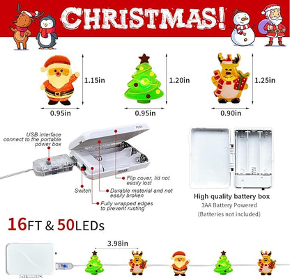 pozzolanas Christmas Fairy Lights, LED Christmas Tree Santa Claus Snowman Moose Lights Decoration, Waterproof Battery Powered Indoor Outdoor Decoration String Lights - 1Pack