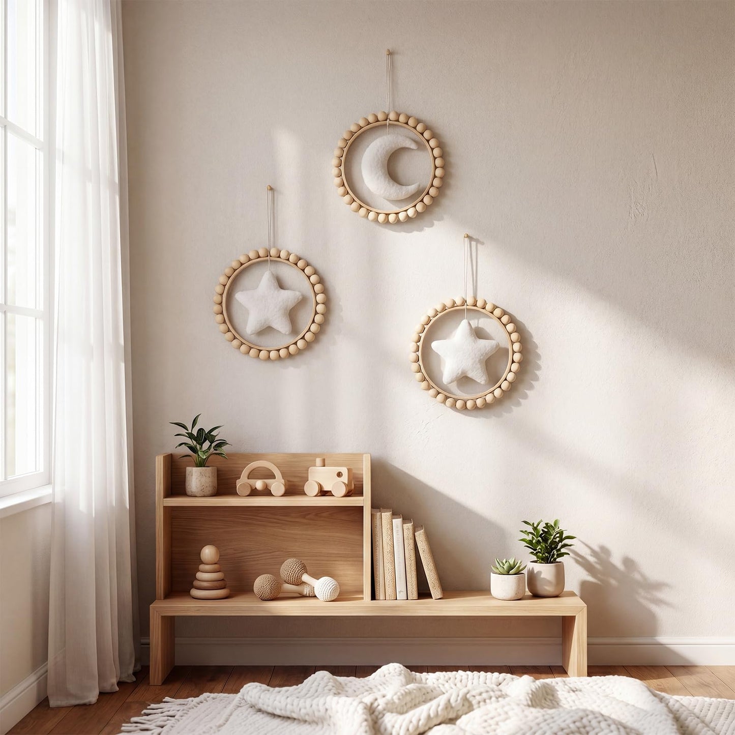 Wenqik 3 Pcs Boho Moon and Stars Wall Decor Nursery Wall Decors Wooden Bead Garland with Felt Centerpieces for Nursery, Farmhouse Style Hanging Decoration