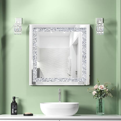 Crystal Decorative Mirror-24 x24 Rectangle Gorgeous Silver Mirror, Crush Diamond Mirror for Wall Decoration Bedroom, Hallway, Dining Room