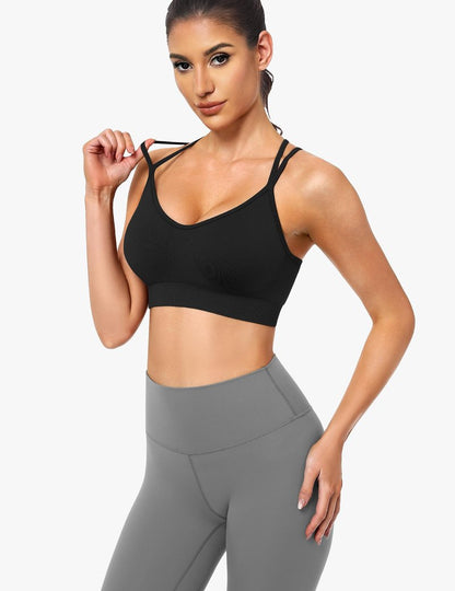 WANAYOU Sports Bras for Women, Cross Back Strappy Medium Support Sports Bra Padded Wireless Seamless Spaghetti Strap Workout Bra for Athletic Exercise Fitness 3 Pack Black White Purple Medium