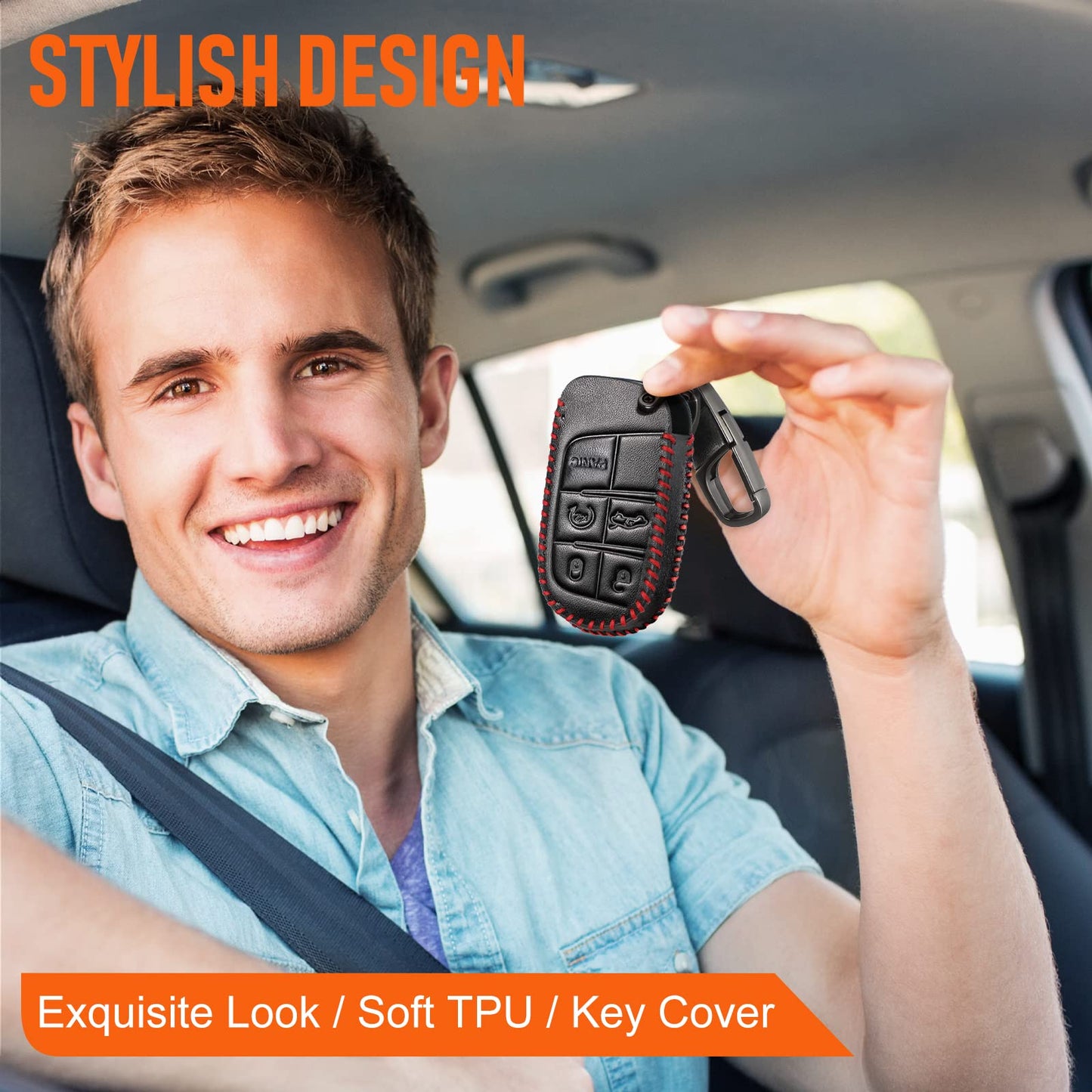Slohif Key Fob Cover Keychain Accessories for Jeep for Grand Cherokee Renegade Chrysler 200 300 Dodge RAM Durango Charger Challenger Journey Dart Fiat 5 Buttons, leather Case+D-Ring+Hook(Black)