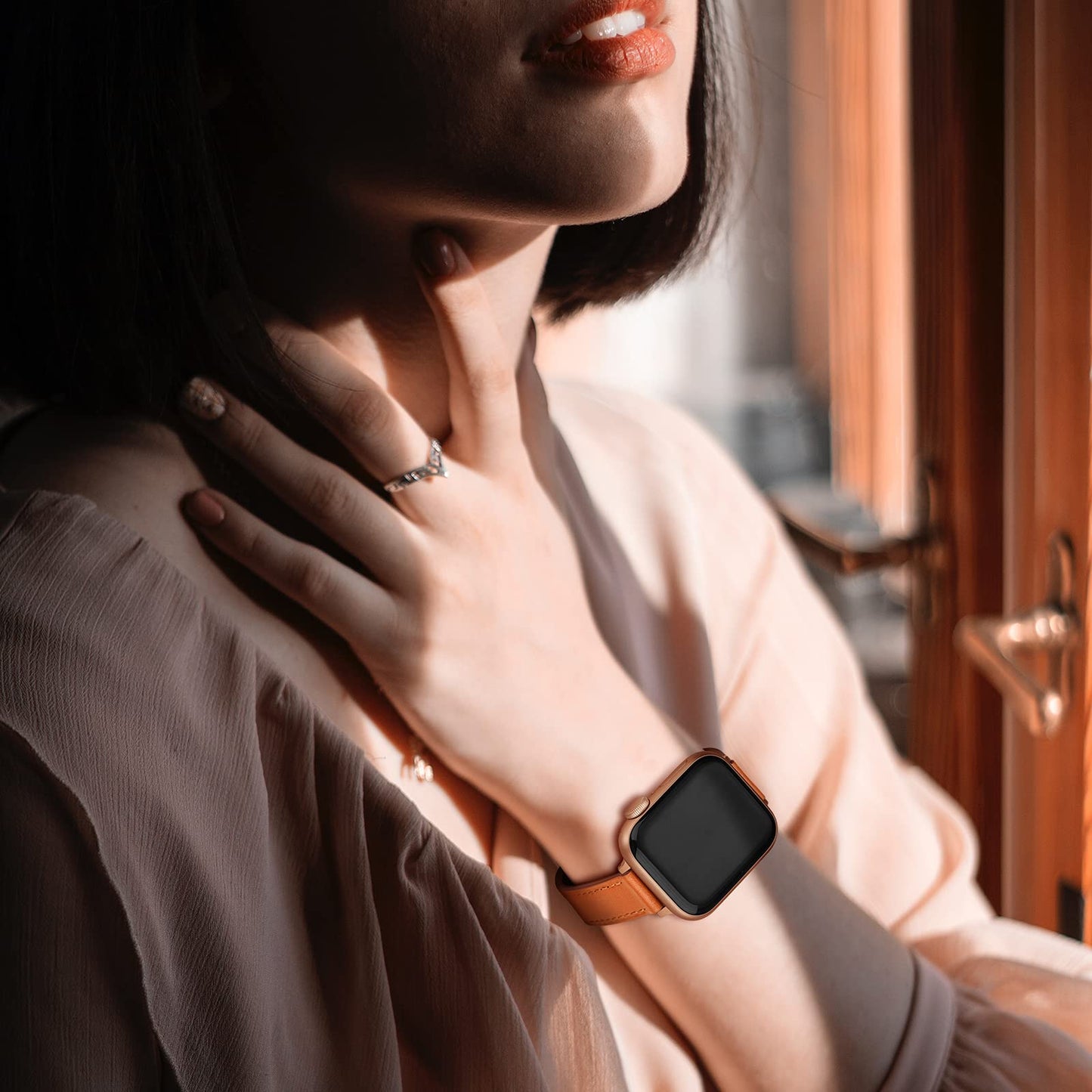 OUHENG Slim Bands Compatible with Apple Watch Band 42mm 41mm 40mm 38mm, Women Genuine Leather Replacement Thin Strap for iWatch SE 3/2/1 Series 11 10 9 8 7 6 5 4 3 2 1 (Brown/Rose Gold)