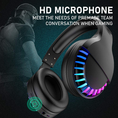 Wireless Bluetooth Headphone with Noise Cancellation HiFi Stereo Sound Mic Deep Bass Protein Earpad Rainbow RGB Backlight Rechageable Over Ear Headset for PC Mac Game Travel Class Home Office(Black)