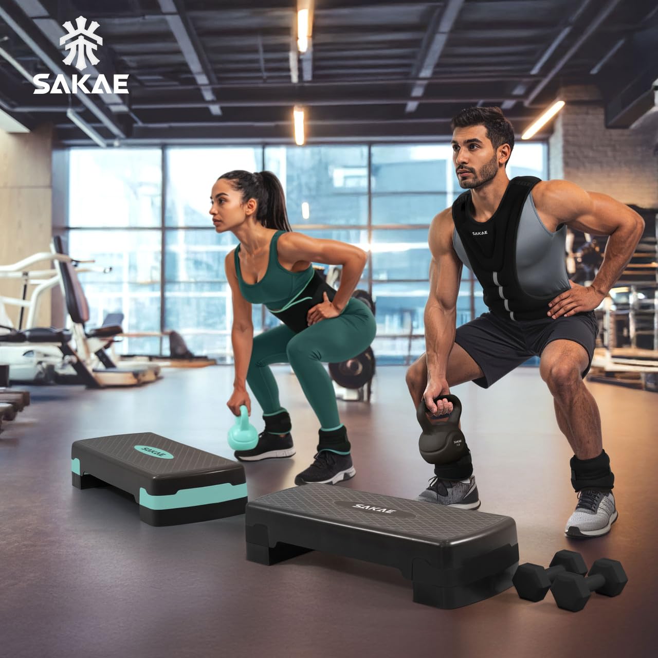 Green Black Exercise Step Platform Set with Kettlebell & Measuring Tape, Adjustable Height 2 Level Risers Workout Step Trainer, Aerobic Steppers for Home Gym Exercise Fitness Workout