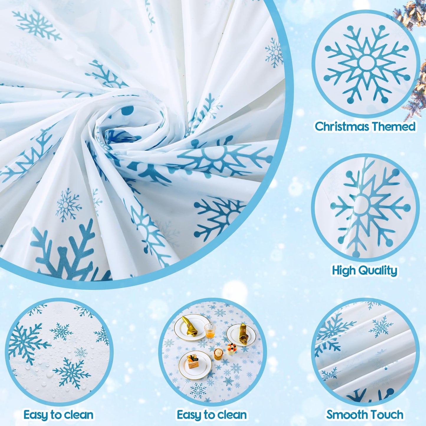 Sliner 6 Pcs Winter Round Plastic Tablecloth 84'' Winter Snowflakes Tablecloth Disposable Christmas Holiday Backdrop Sign Table Covers for Holiday Birthday Party Decorations (Blue,White)