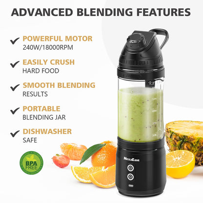 Portable Blender Personal Juicer for Shakes and Smoothies - 20 OZ Electric Protein Shaker Bottle with Insulated Sleeve, Travel Lid, USB-C Rechargeable - Mini Small Blender Cup for Kitchen, Office, Gym