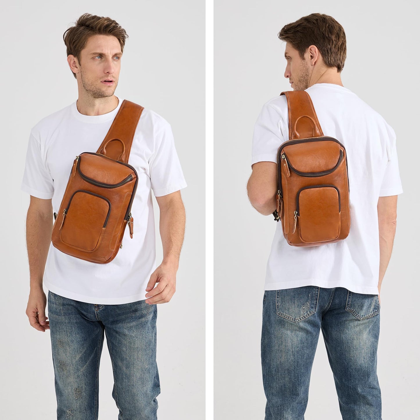 LANNSYNE Vegetable Tanned Leather Sling Bag For Men Fits 10.5" iPad, Crossbody Chest Daypack