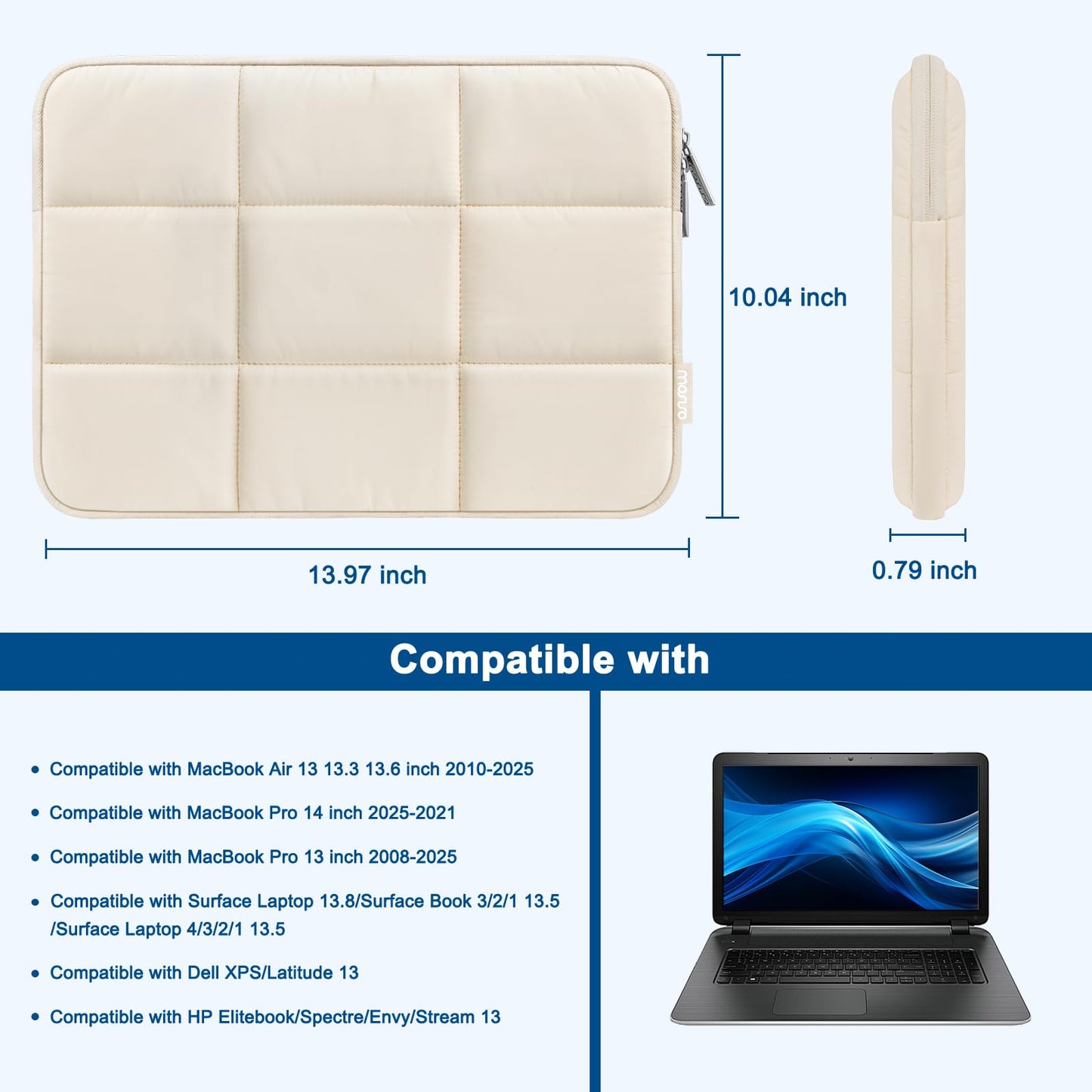 MOSISO Laptop Case 13.3 inch, 13-13.3 inch Puffy Laptop Sleeve Compatible with MacBook Air 13 13.6/Pro 13/Pro 14, HP Dell ASUS Lenovo, Rectangle Quilted Puffer Computer Bag for Women, Sand