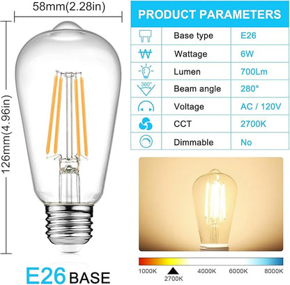 Ascher Vintage LED Edison Bulbs, 6W, Equivalent 60W, Non-Dimmable, High Brightness Warm White 2700K, ST58 Antique LED Filament Bulbs with 80+ CRI, E26 Medium Base, Clear Glass, Pack of 4