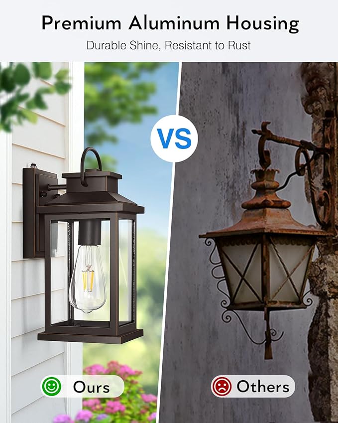 VIANIS Outdoor Porch Lights for House, Farmhouse Oil Rubbed Bronze Gold Trim Exterior Light Fixtures Wall Mount Sconce, Anti-Rust Dusk to Dawn Outdoor Lighting Lantern for Garage, Front Patio, 2-Pack