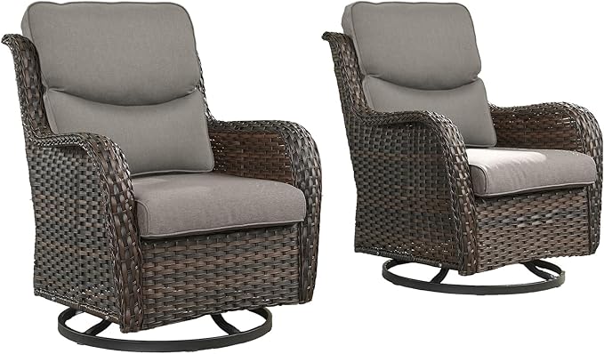 Rilyson Wicker Rocking Chair Swivel Chairs - 2 Piece Rocker Patio Chairs Set Rattan Rocking Chair for Outdoor Porch Deck Garden Backyard (Brown/Grey/Smile)
