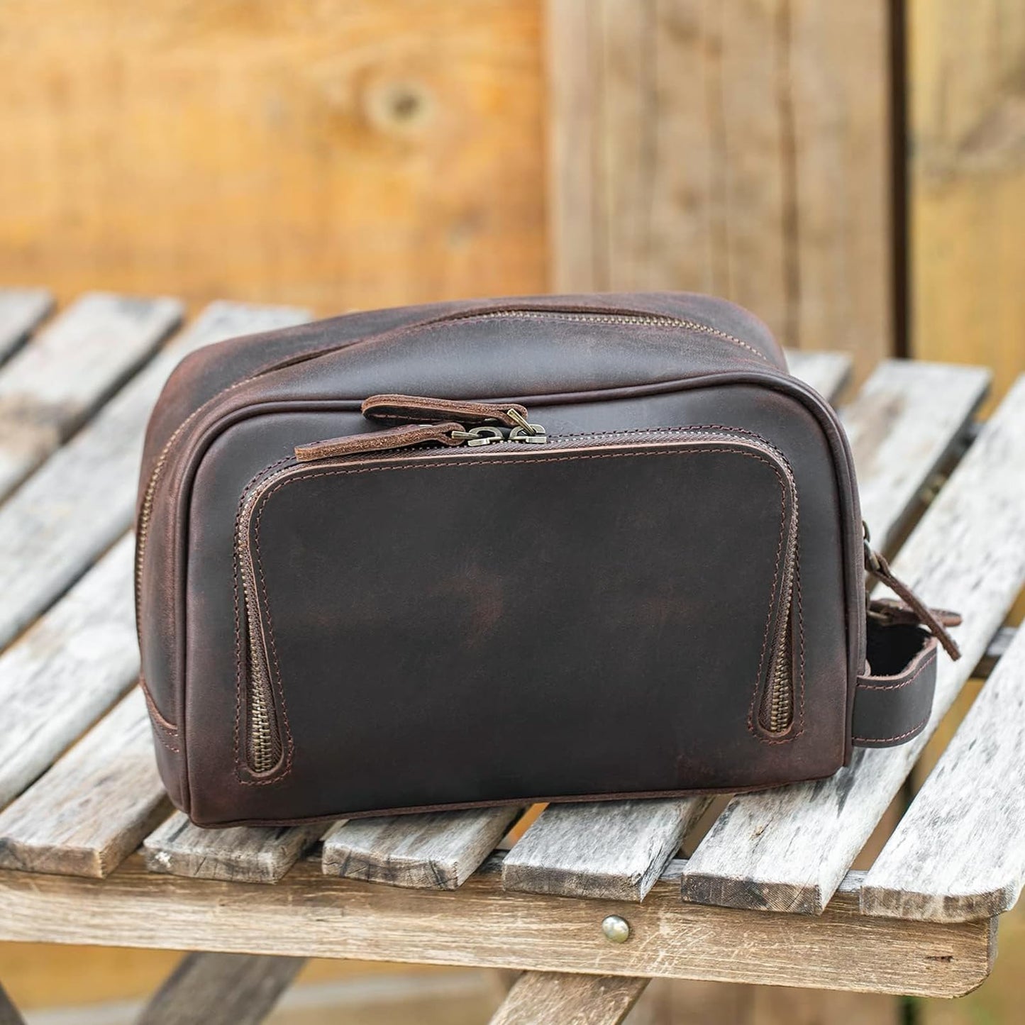 Polare Vintage Full Grain Leather Handmade Travel Toiletry Bag for Men - Dopp Kit - Shaving Kit with YKK Metal Zippers A-Dark Brown