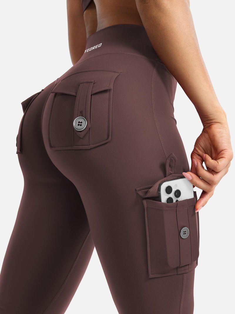 YEOREO CoreFlex Women Workout Flare Leggings with Pockets Hidden Scrunch High Waisted Cargo Gym Yoga No Front Seam Leggings Brown M