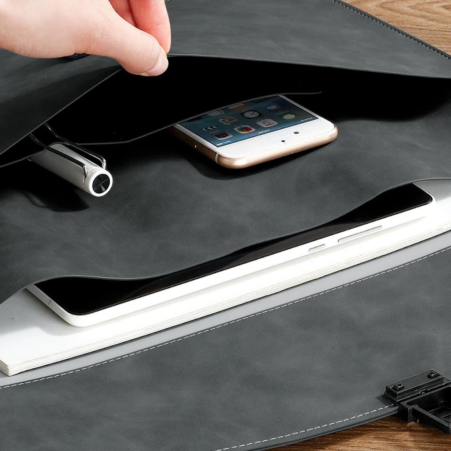 VANRA File Folder Document Holder Faux Leather Portfolio Filing Envelopes, Dampproof Document Folder with 2 Pockets A4/Letter Size Paper Organizer Case with Buckle Closure (Black)