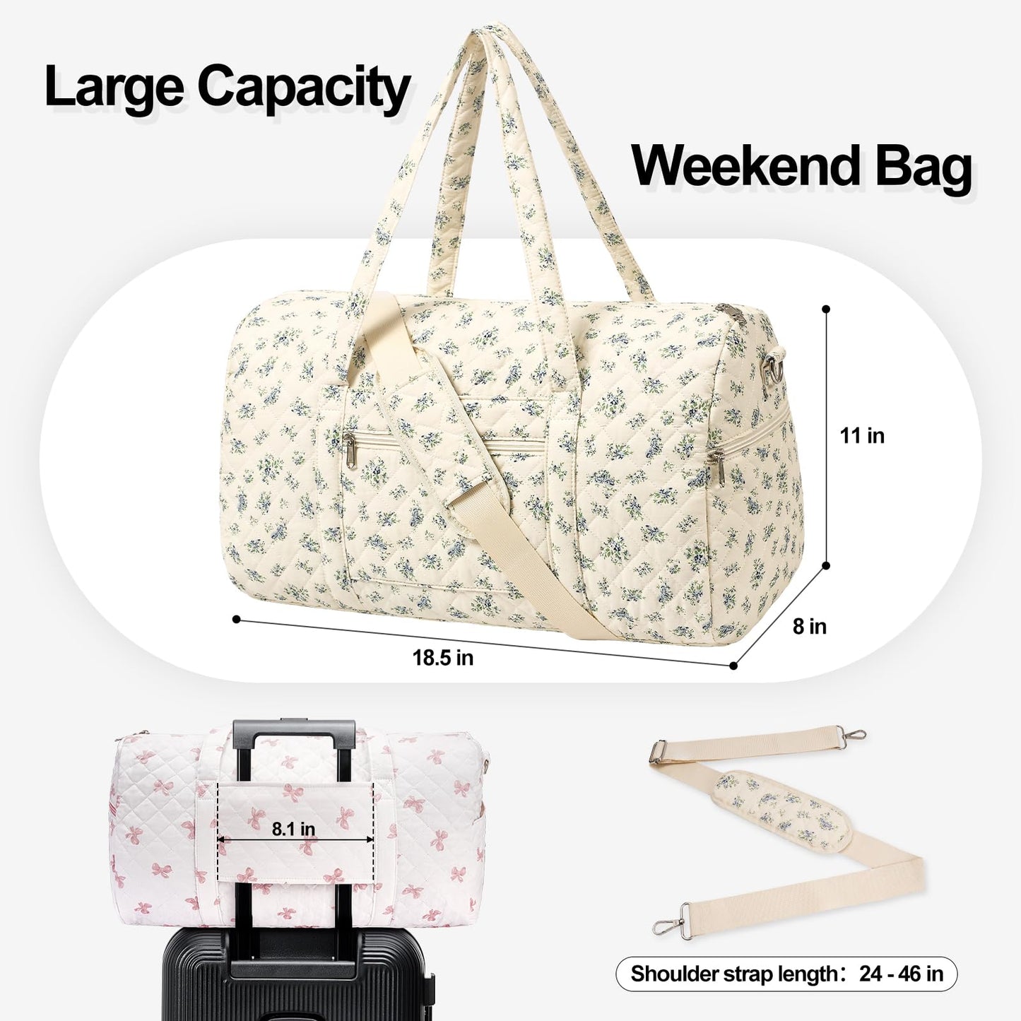 Gym Bag for Women, Cute Duffle Bag, Quilted Duffle Bag for Travel, Floral Duffle Bags, Weekend Bag with Zipper Pocket Dance Bag Organizer