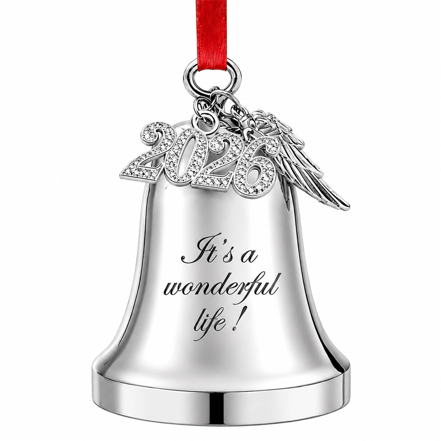 WANSHUNLMI It's a Wonderful Life Christmas Bell Ornament, Silver Metal, 2.9 x 2.4 inch, Real Bell with 2026 and Wing Charm Accent (It's a Wonderful Life)