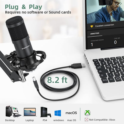 SUDOTACK USB Condenser Podcast Microphone for PC: Studio Microphone Kit with 192KHz/24bit Professional Sound Chipset Cardioid for Recording, Streaming, Gaming, Voice-Over, YouTube, Twitch (ST-800)