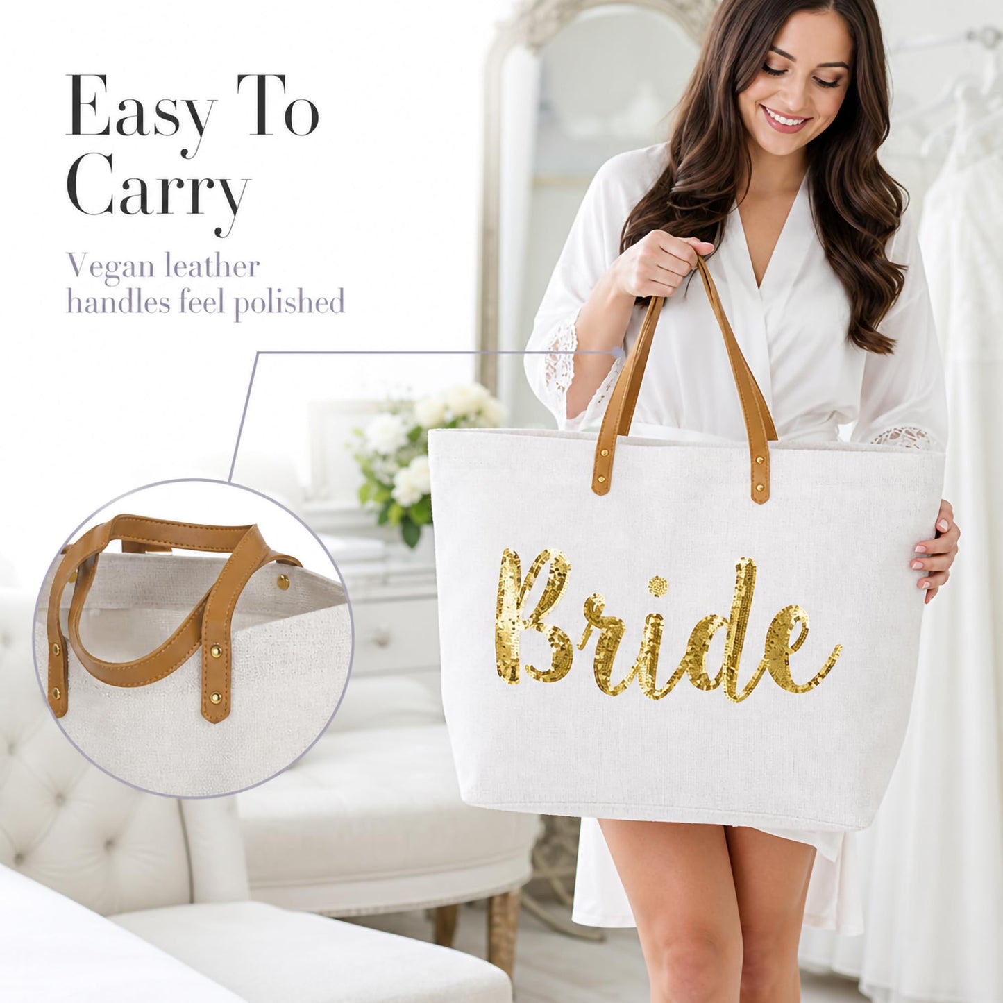 Mud Pie Bride Tote Bag, Bridal Shower Gift with Gold Sequin Script, Bridal Bag With Vegan Leather Handles